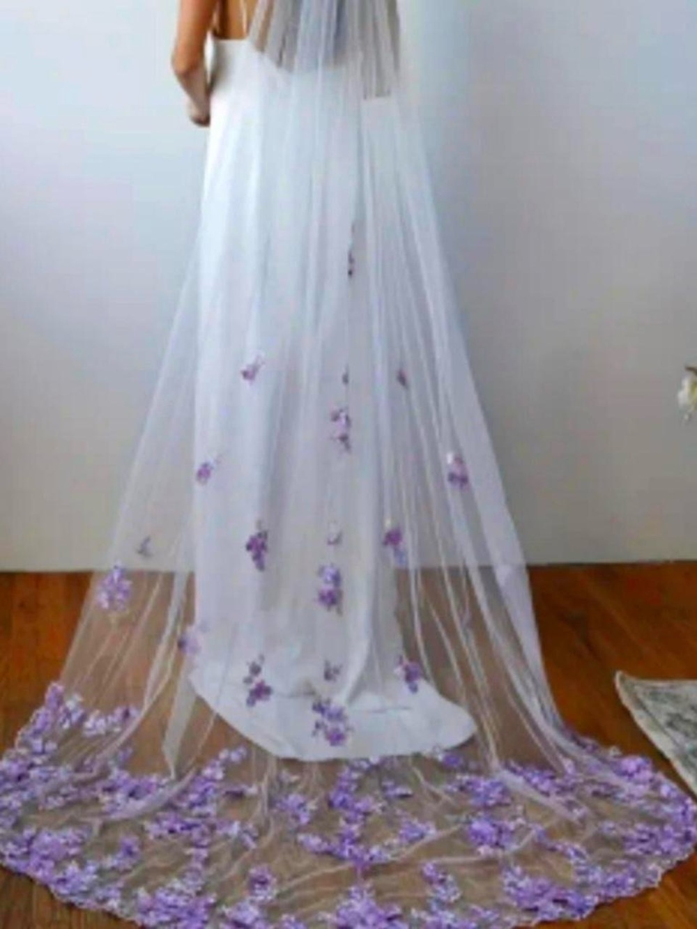 Long Ivory Bridal Veil with Lavender Floral Appliqué